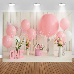 Lofaris Floral Wooden Wall Pink Balloon 1st Birthday Backdrop