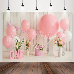 Lofaris Floral Wooden Wall Pink Balloon 1st Birthday Backdrop