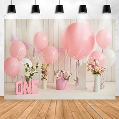 Lofaris Floral Wooden Wall Pink Balloon 1st Birthday Backdrop