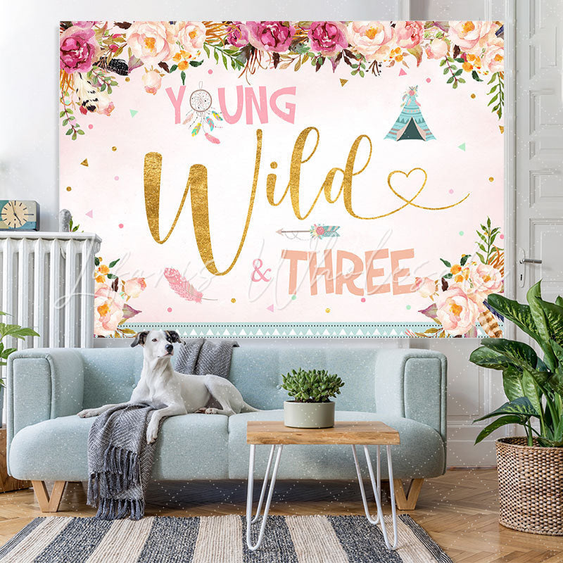 Lofaris Floral Young Wild three Happy 3rd Birthday Backdrop