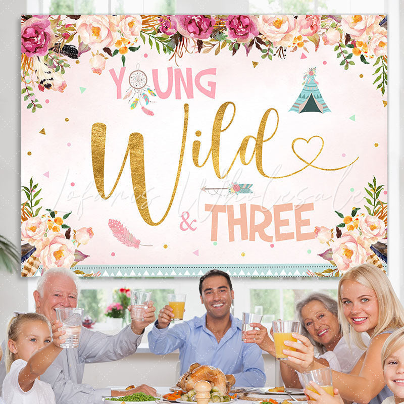 Lofaris Floral Young Wild three Happy 3rd Birthday Backdrop