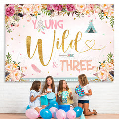 Lofaris Floral Young Wild three Happy 3rd Birthday Backdrop