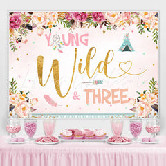 Lofaris Floral Young Wild three Happy 3rd Birthday Backdrop
