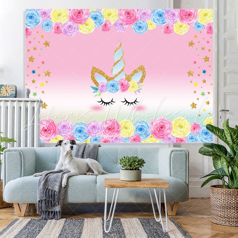 Lofaris Florals and Golden Stars Unicorn Backdrop for Kids