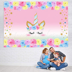 Lofaris Florals and Golden Stars Unicorn Backdrop for Kids