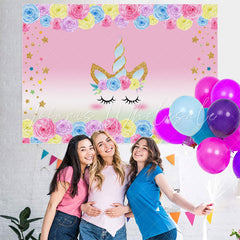 Lofaris Florals and Golden Stars Unicorn Backdrop for Kids