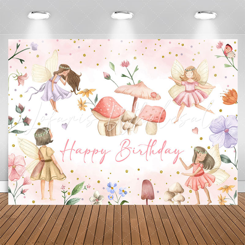 Lofaris Flower Fairy Mushroom Girls Happy Birthday Backdrop