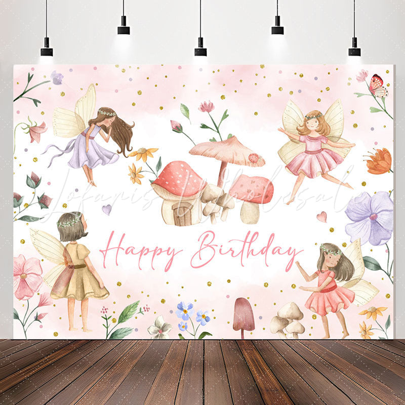Lofaris Flower Fairy Mushroom Girls Happy Birthday Backdrop