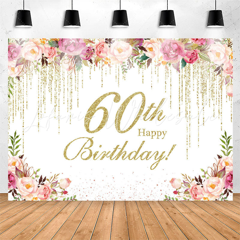 Lofaris Flower Splashed Gold 60th Happy Birthday Backdrop