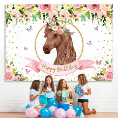 Lofaris Flowers roses butterfly horse happy birthday Backdrop