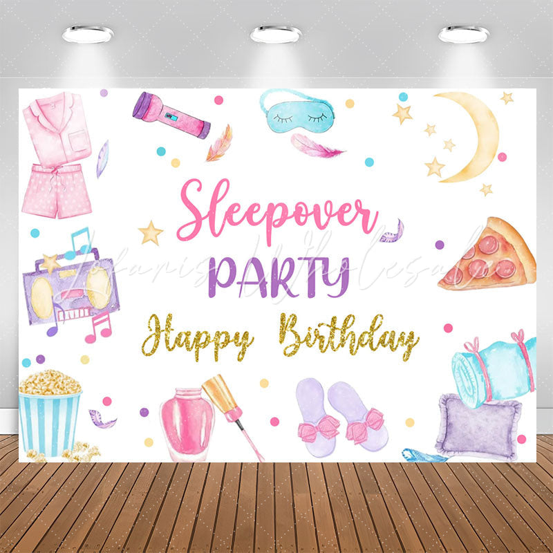 Lofaris Food Bedgown Sleepover Party Happy Birthday Backdrop
