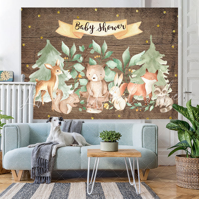 Lofaris Forest Animal Wooden Gold Glitter Backdrop for Baby Shower