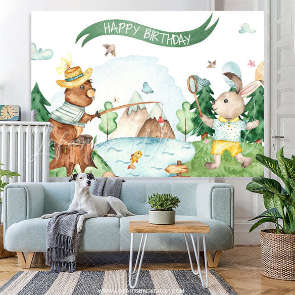 Lofaris Forest Bear And Rabbit White Happy Birthday Backdrop