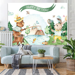 Lofaris Forest Bear And Rabbit White Happy Birthday Backdrop