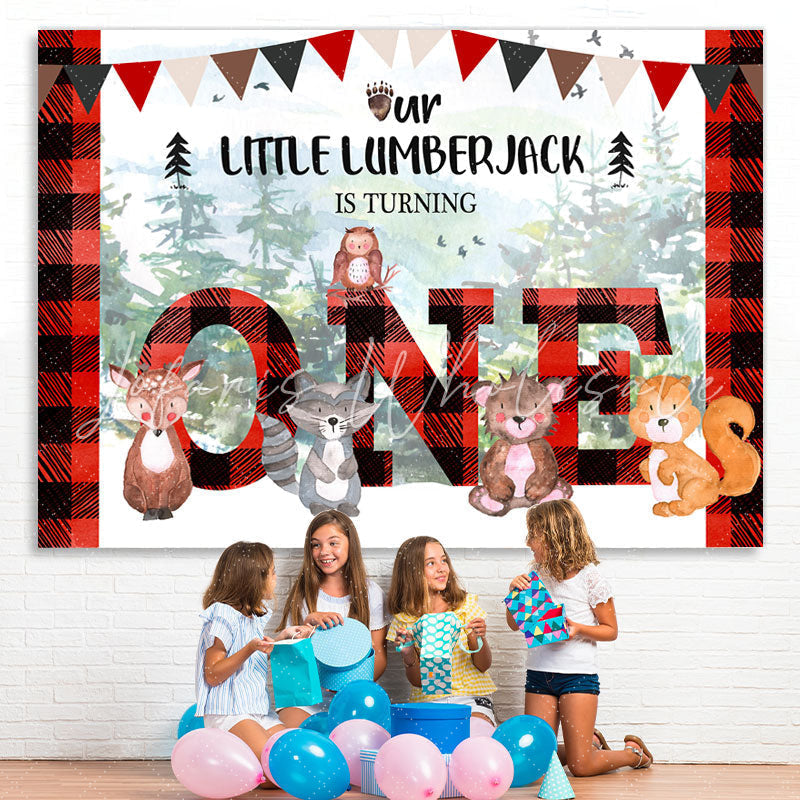 Lofaris Forest Red and Black Stripe Happy 1St Birthday Backdrop