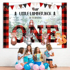 Lofaris Forest Red and Black Stripe Happy 1St Birthday Backdrop