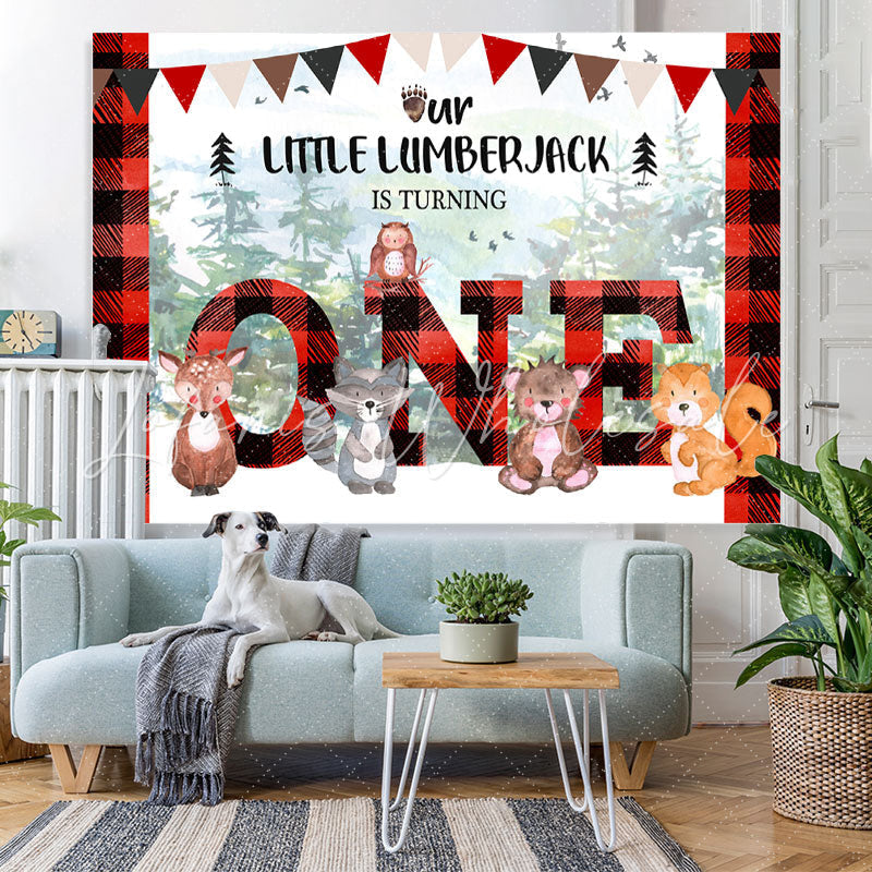Lofaris Forest Red and Black Stripe Happy 1St Birthday Backdrop