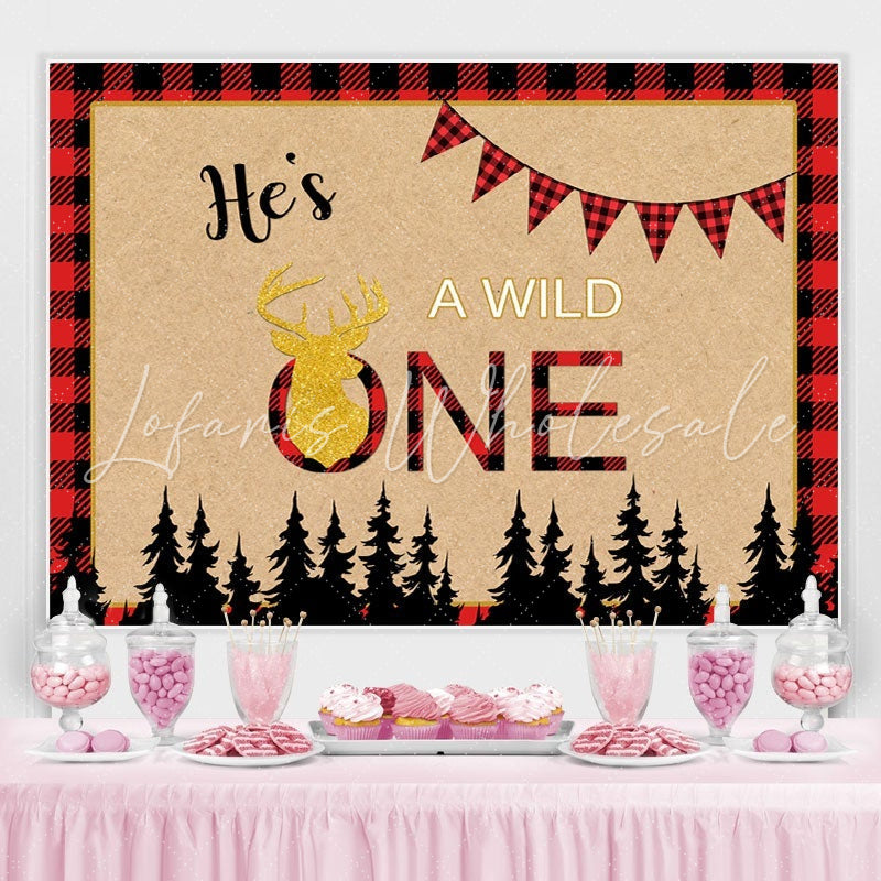 Lofaris Forest Wild One Red Plaid Backdrop for Baby Shower