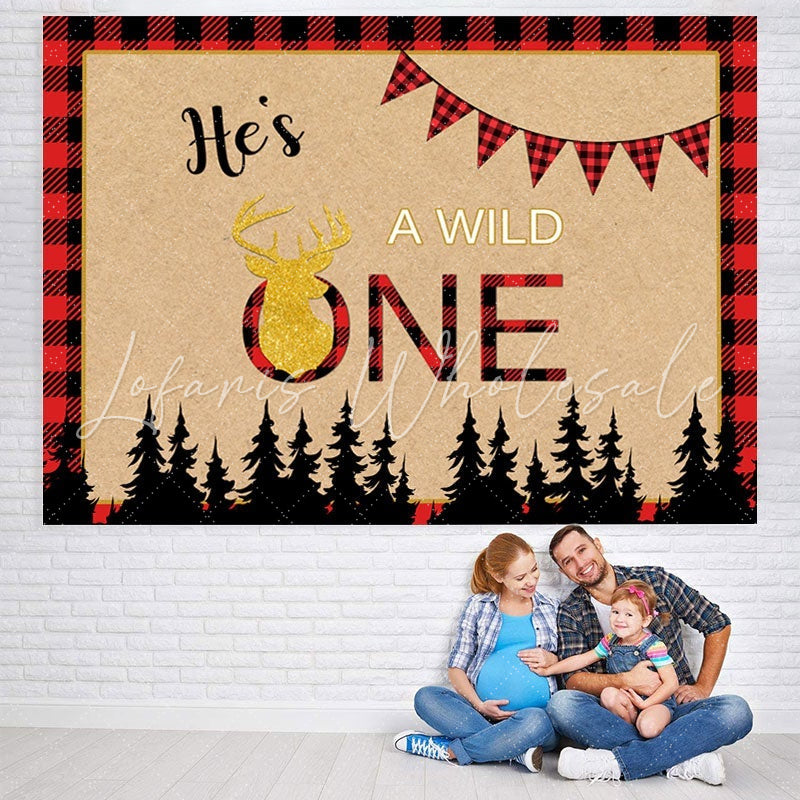 Lofaris Forest Wild One Red Plaid Backdrop for Baby Shower