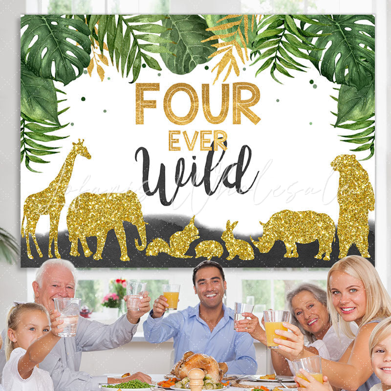 Lofaris Four Ever Wild Animals Green Leaves Birthday Backdrop for Boys