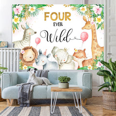 Lofaris Four Ever Wild Animals Pink Floral 4th Birthday Backdrop for Girls