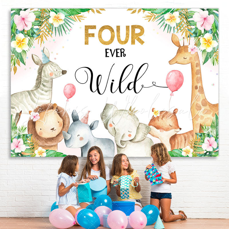 Lofaris Four Ever Wild Animals Pink Floral 4th Birthday Backdrop for Girls