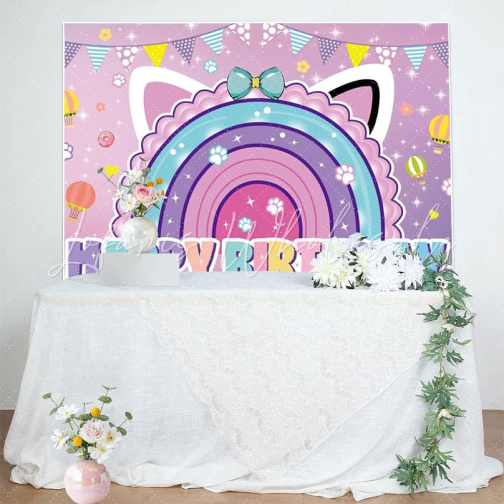 Gabbys Cartoon Cat Theme Happy Birthday Photography Backdrop For Kids