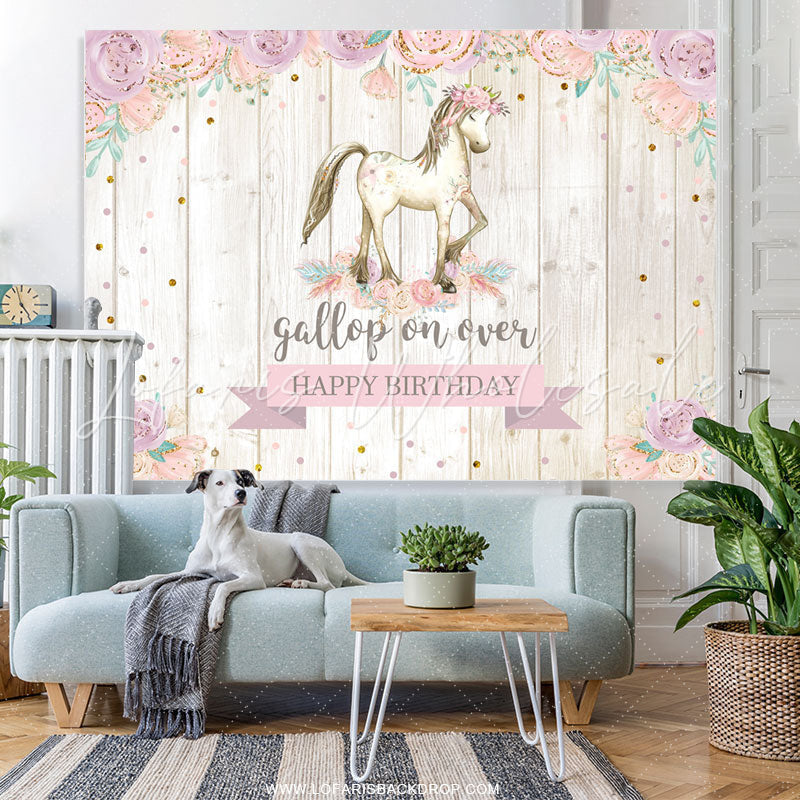 Lofaris Gallop On Over Floral Wooden Horse Birthday Backdrop