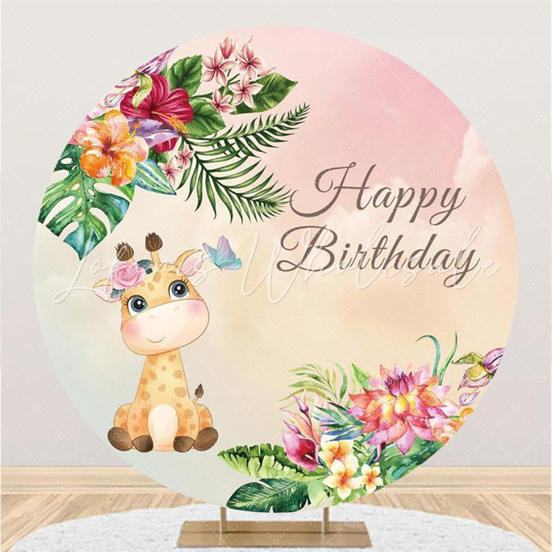 Lofaris Giraffe And Floral Round Happy Birthday Party Backdrop