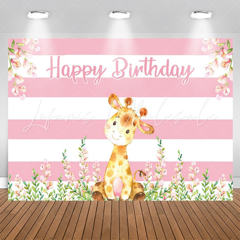 Lofaris Giraffe Floral Pink White Stripes Birthday Backdrop