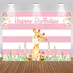 Lofaris Giraffe Floral Pink White Stripes Birthday Backdrop
