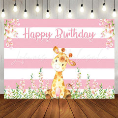 Lofaris Giraffe Floral Pink White Stripes Birthday Backdrop