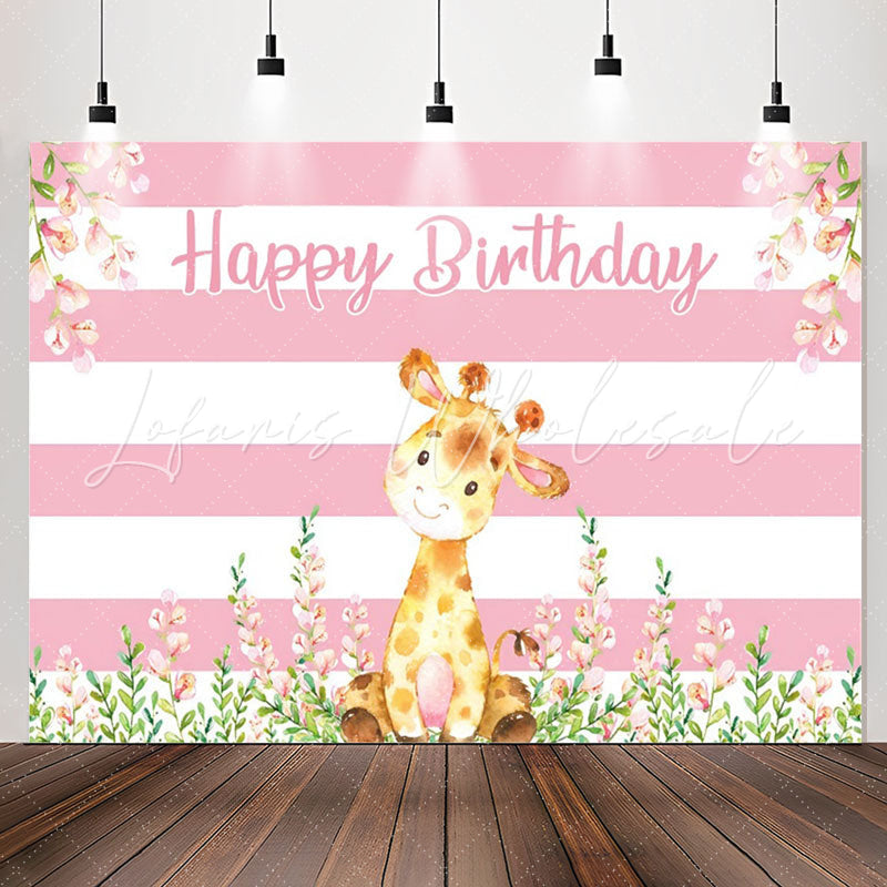 Lofaris Giraffe Floral Pink White Stripes Birthday Backdrop