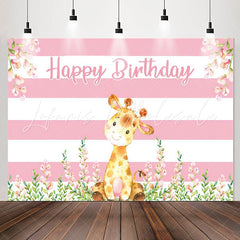 Lofaris Giraffe Floral Pink White Stripes Birthday Backdrop