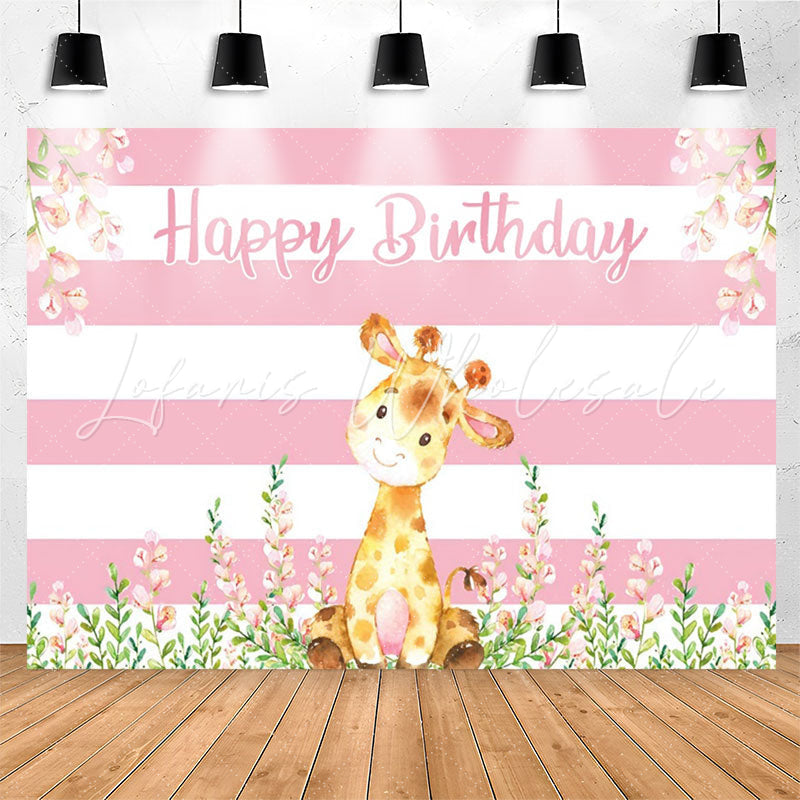 Lofaris Giraffe Floral Pink White Stripes Birthday Backdrop