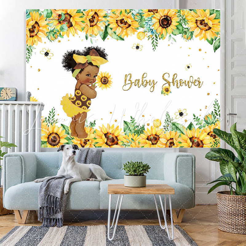 Lofaris Girl Baby Shower Sunflowers Bee Glitter Party Backdrop