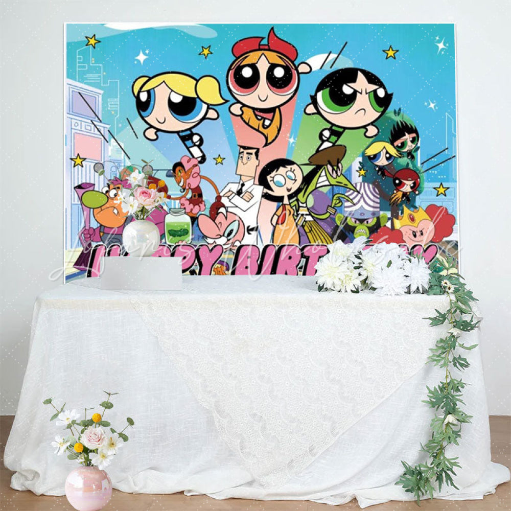 Girls Of Powerpuff Girl Theme Birthday Party Backdrop