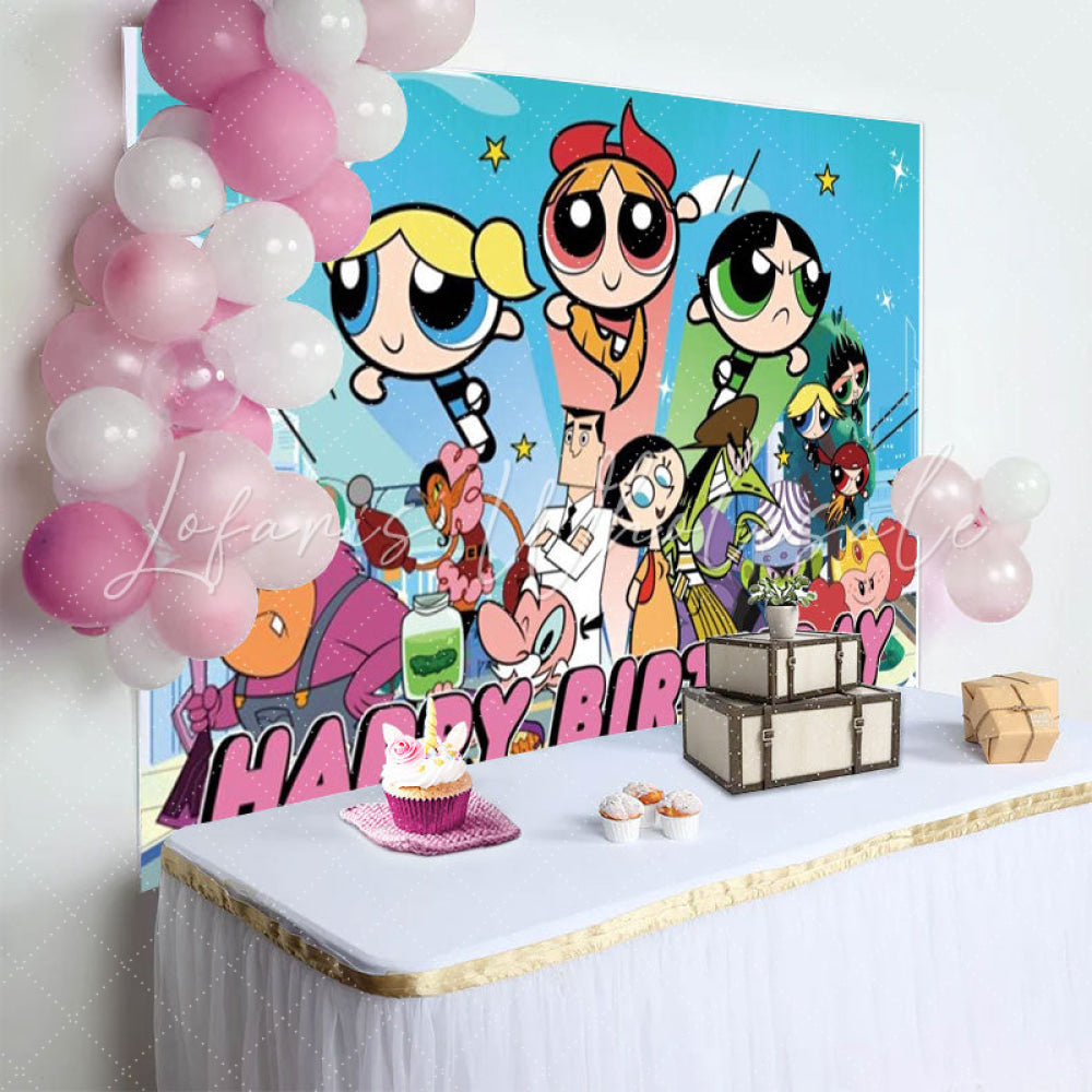 Girls Of Powerpuff Girl Theme Birthday Party Backdrop