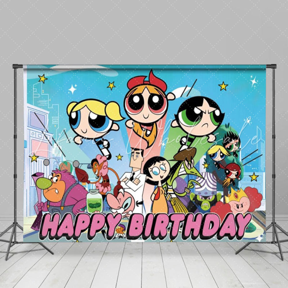 Girls Of Powerpuff Girl Theme Birthday Party Backdrop