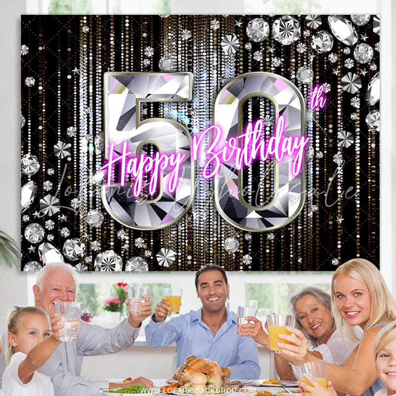 Lofaris Glitter 50th Diamonds Black Bokeh Birthday Backdrop