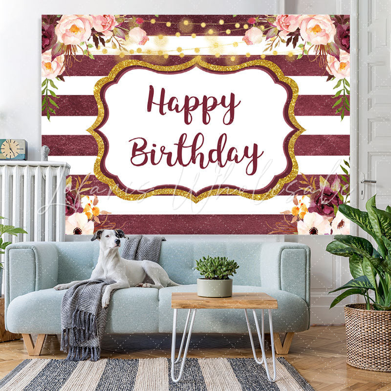 Lofaris Glitter And Floral Happy Birthday Backdrop With Stripes