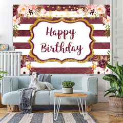 Lofaris Glitter And Floral Happy Birthday Backdrop With Stripes