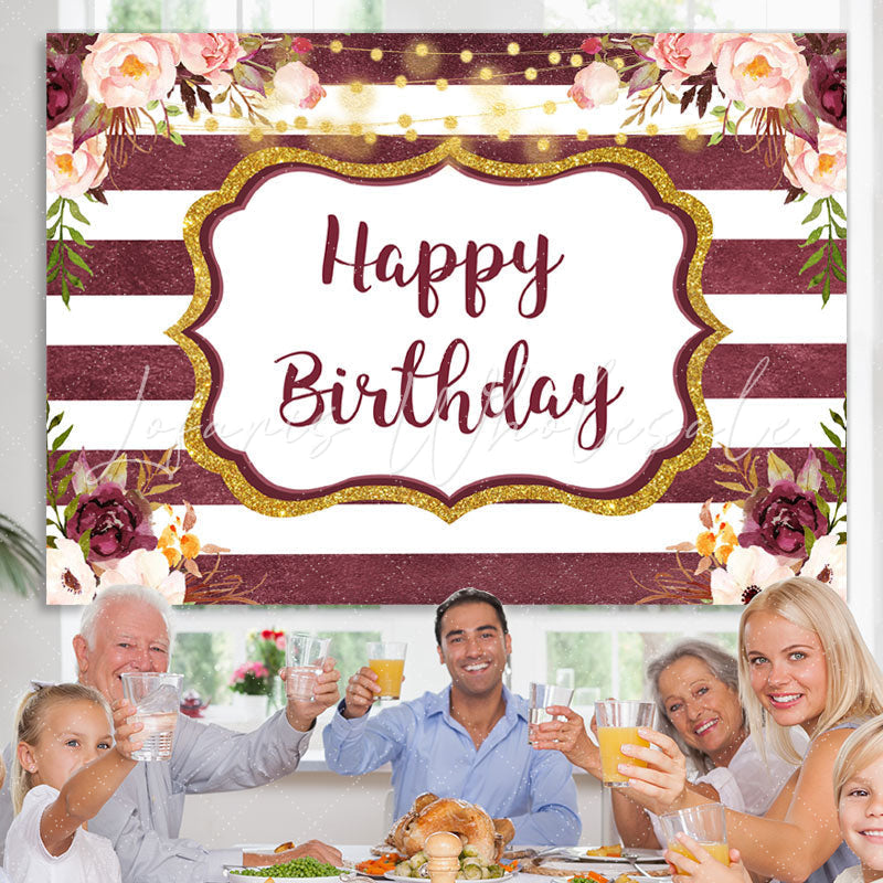 Lofaris Glitter And Floral Happy Birthday Backdrop With Stripes