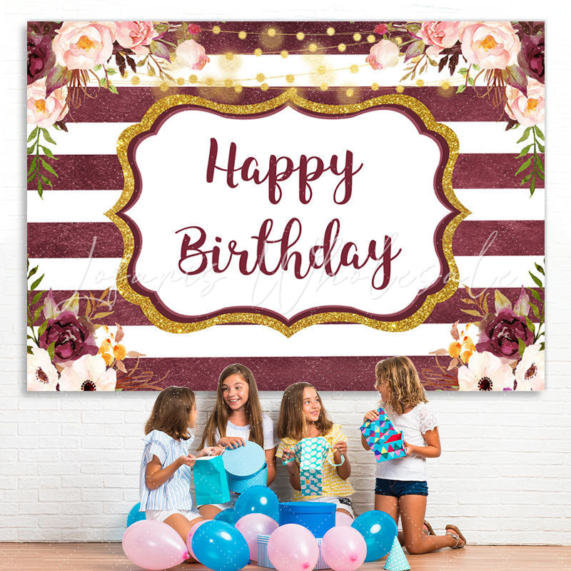 Lofaris Glitter And Floral Happy Birthday Backdrop With Stripes