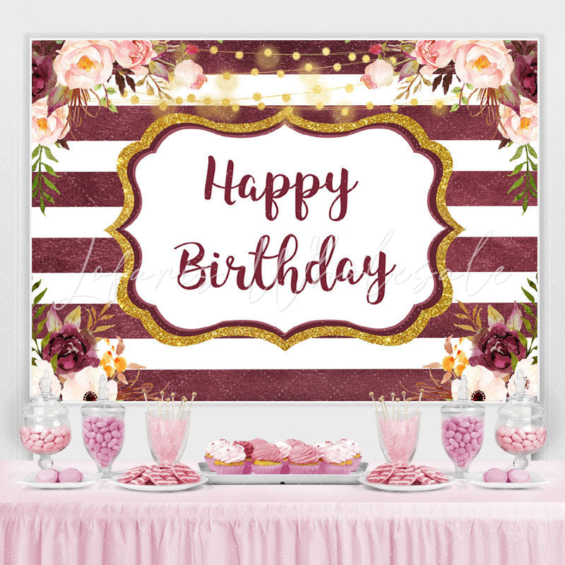 Lofaris Glitter And Floral Happy Birthday Backdrop With Stripes