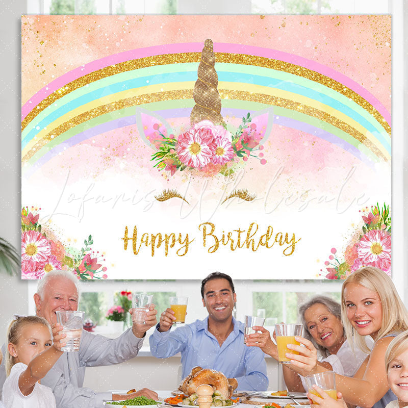 Lofaris Glitter And Floral Unicorn Happy Birthday Backdrop