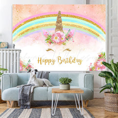 Lofaris Glitter And Floral Unicorn Happy Birthday Backdrop