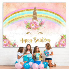 Lofaris Glitter And Floral Unicorn Happy Birthday Backdrop