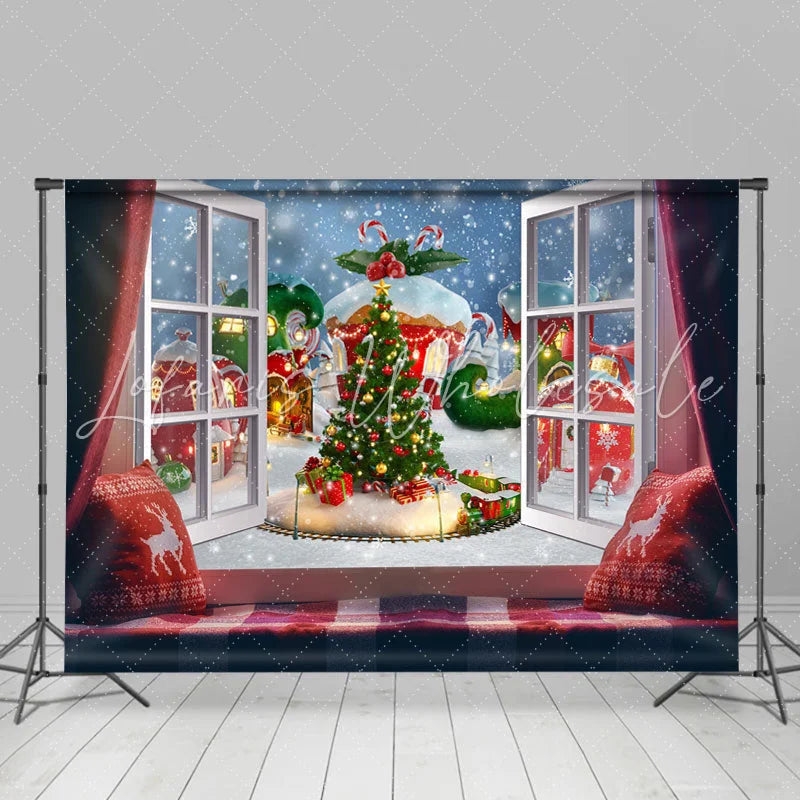 Lofaris Glitter And Snowy Christmas Tree Outside Window Backdrop