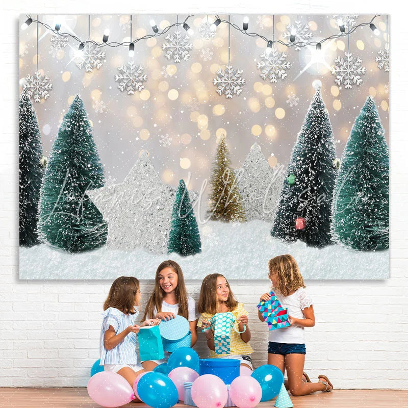 Lofaris Glitter And Snowy Tree With Silver Star Winter Backdrop